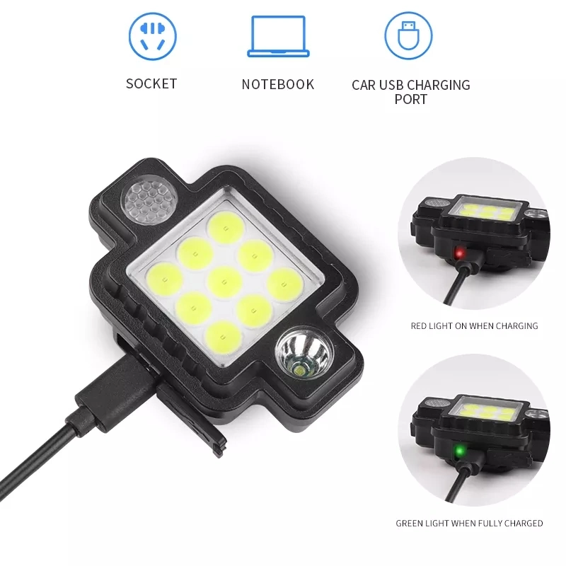 Portable Magnetic Work Lamp LED Red Blue Flashing 9 COB Multi-Function 5 Mode Light Fishing Camping Headlamp