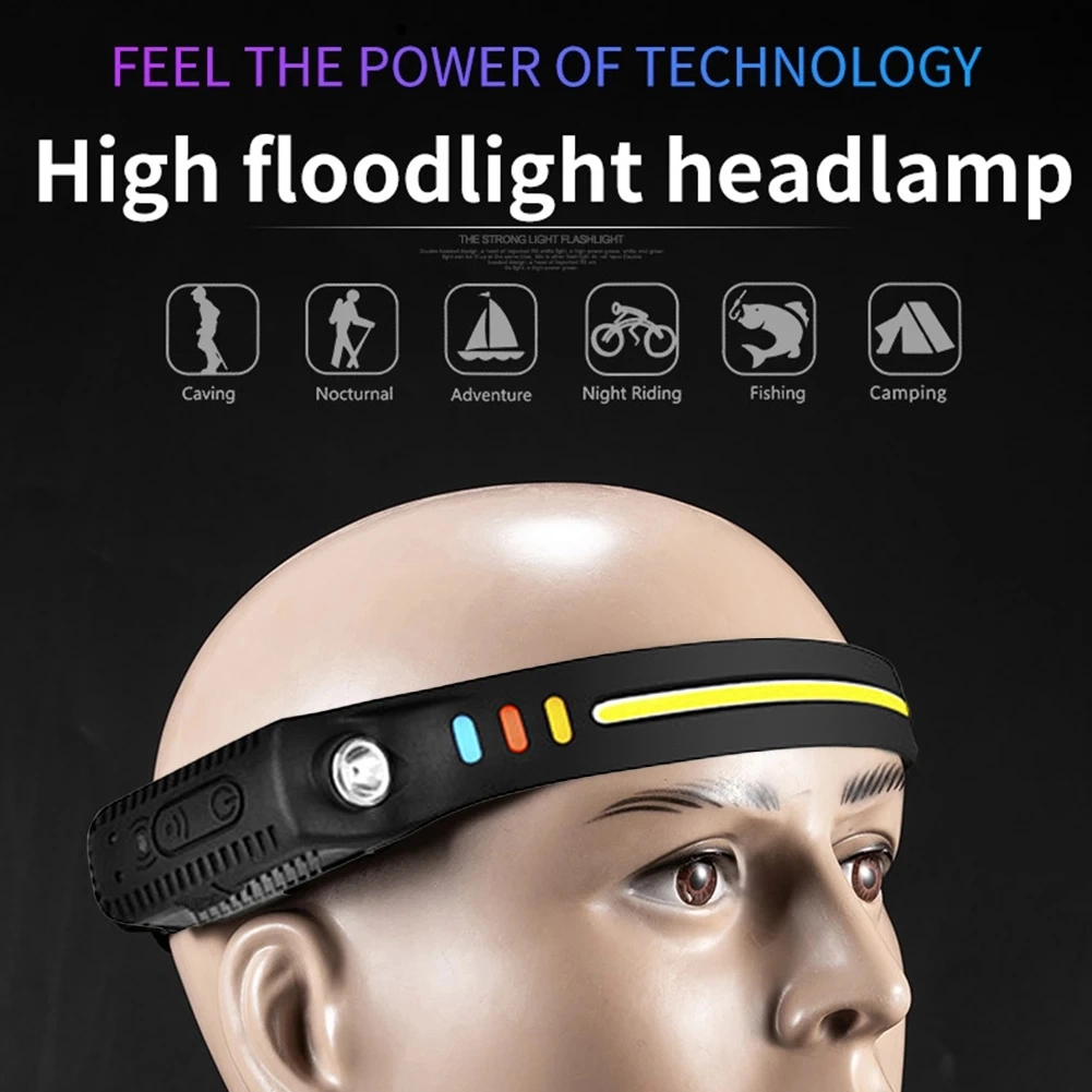 COB Sensor 6 Modes Fishing Head Torch Built in Battery Camping Flashlight Rechargeable Headlamp