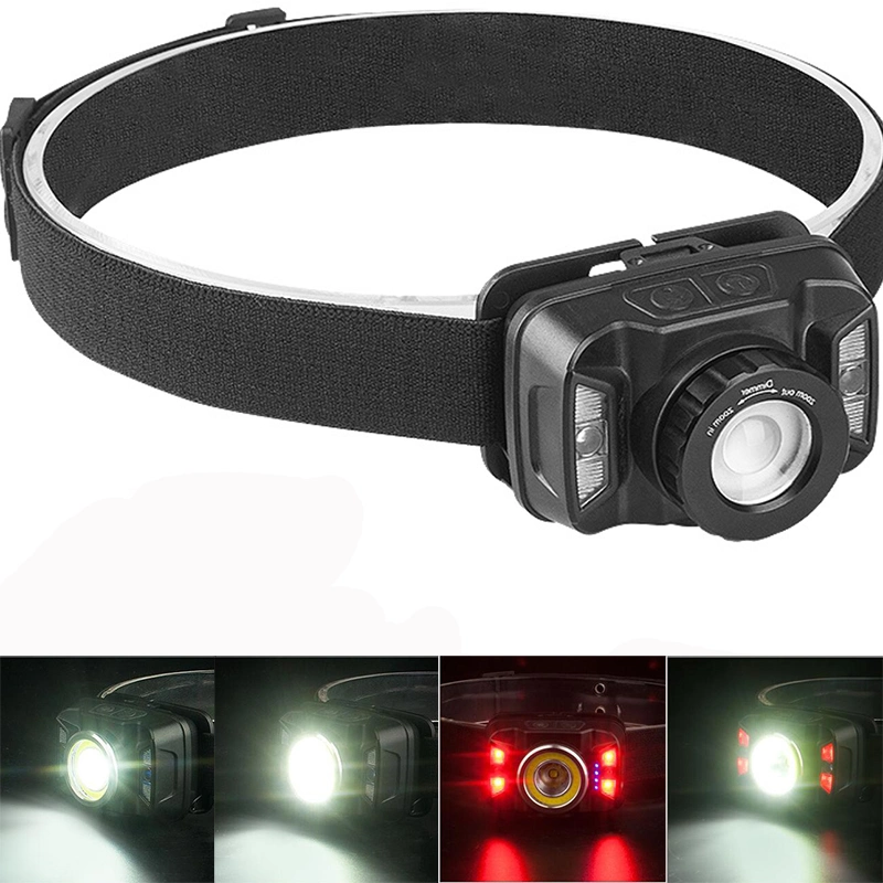 Wholesale Camping Head Torch Lamp Emergency Head Torch Light 5W Rechargeable Headlamp with Red Warning Sensor Zooming LED Headlamp