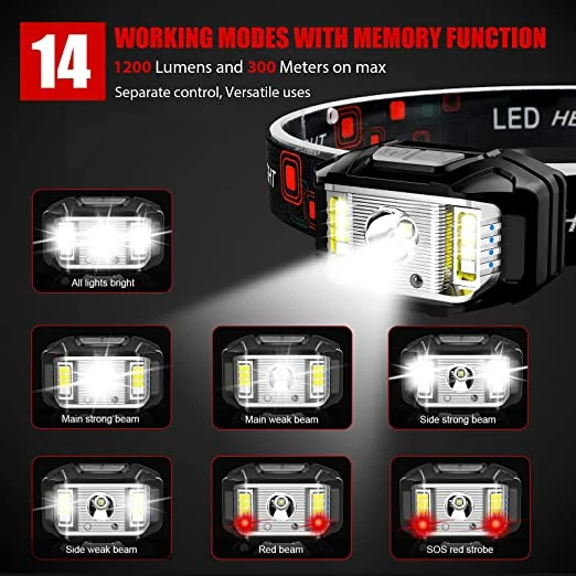 Helius Rechargeable 1200 Lumen Sensor Red White Light 14mode LED Headlights