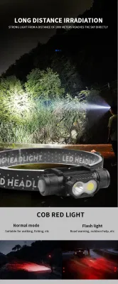  Goldmore2l2 XPE COB LED linterna recargable potente rotación de 180 grados Linterna de cabeza con linterna brillante Mini 800mAh 200m