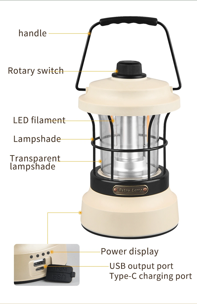 Vintage Camping Lantern LED Stepless Dimming Portable Waterproof Outdoor Tent Light Courtyard