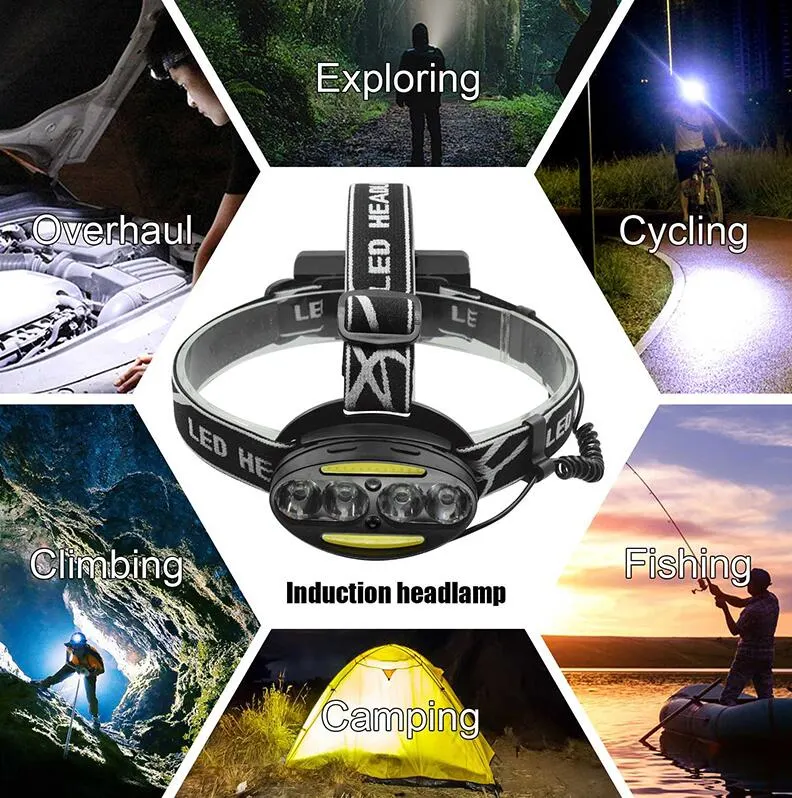 Wholesale T6 2COB Rechargeable Head Torch with Sensor Switch USB 7 Modes Lighting Dual Source Induction Headlight Fishing Hunting Bright LED Headlamp