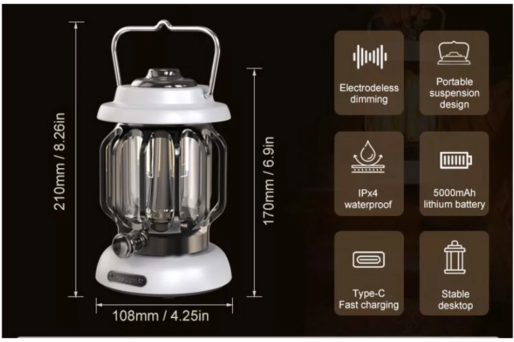 Vintage Retro Hiking Tent Battery LED Rechargeable Dimming Lamp Outdoor Portable Camping Lantern Lights