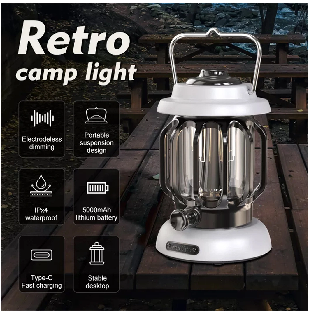 Vintage Retro Hiking Tent Battery LED Rechargeable Dimming Lamp Outdoor Portable Camping Lantern Lights