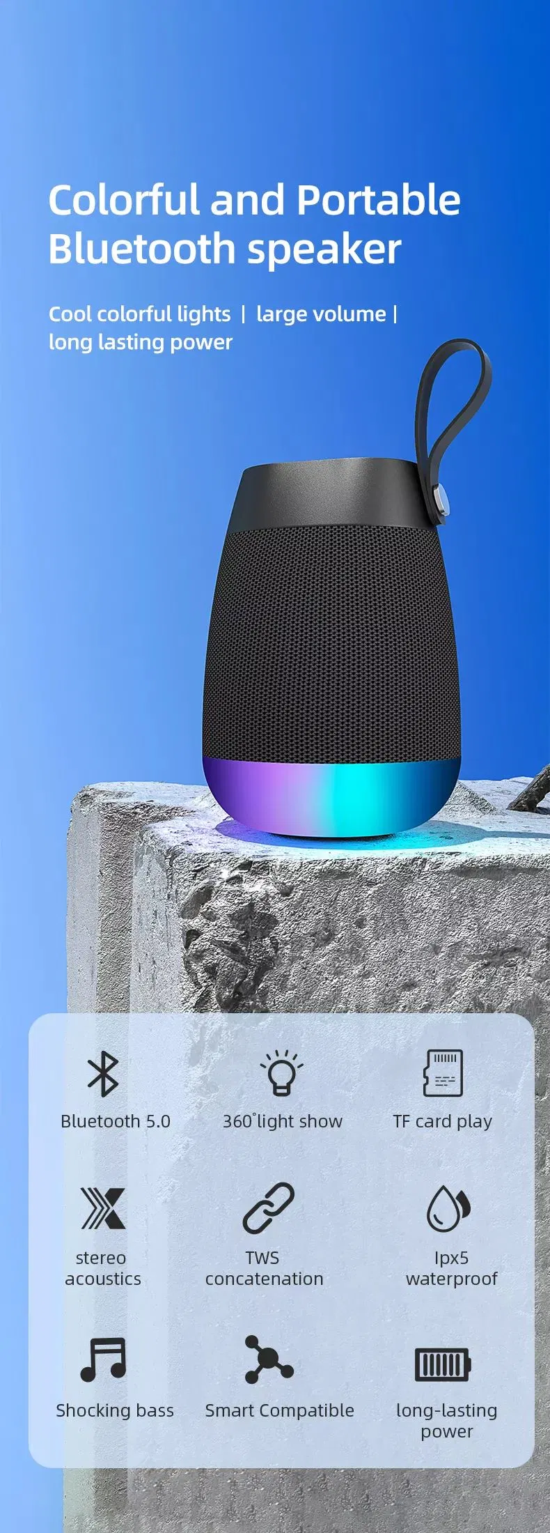 Factory OEM Outdoor Mini Portable Bluetooth 5.0 Fabric RGB Light Camping Speaker