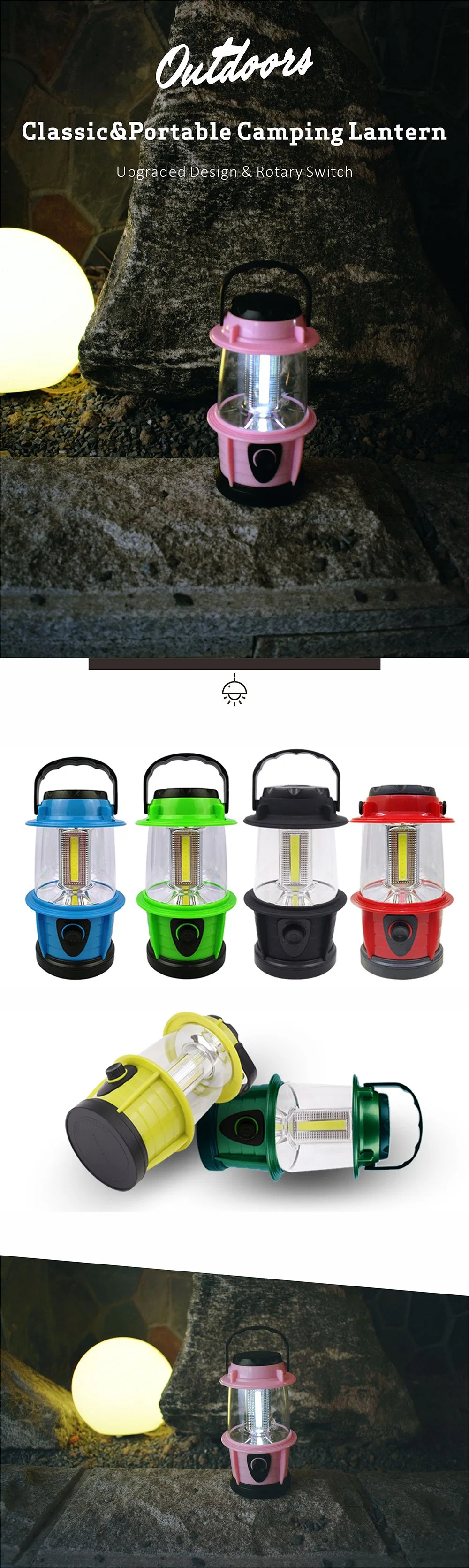 New Knob Dimming Switch 3*AAA Dry Battery Retro COB Camping Light Outdoor Tent Lantern Light