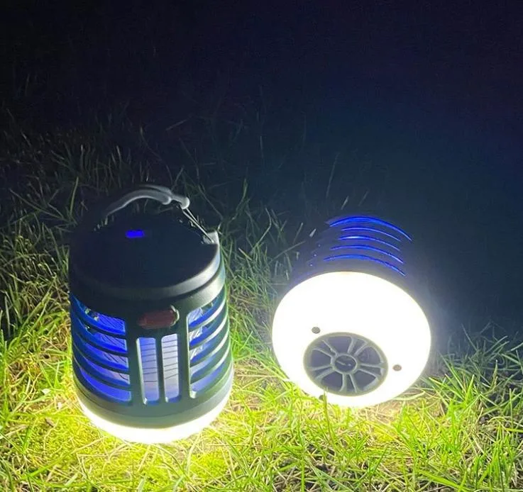 Wholesale Rechargeable Camping Lantern Mosquito Killer Lamp 2 in 1 Electric Shock UV LED Lighting Bug Zapper Bluetooth Speaker Camping Tent Light