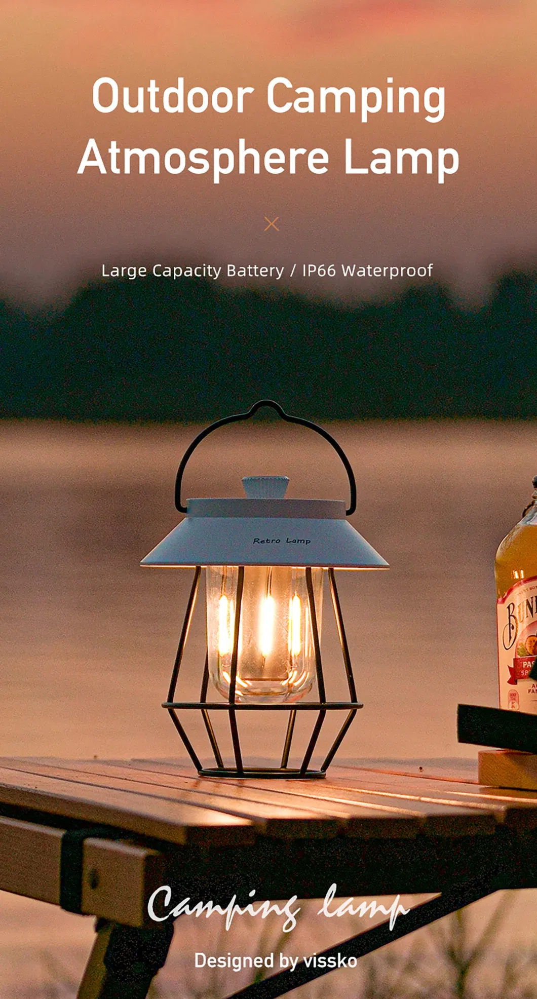 4 LED Modes Type-C Rechargeable Waterproof Artistic Retro Luxury Atmosphere Camping Light Outdoor Light