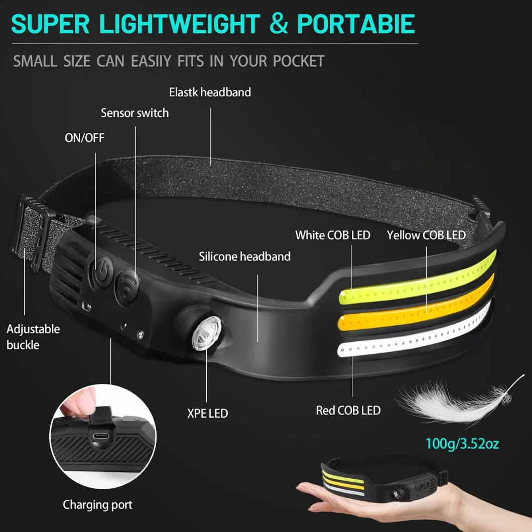 COB Induction Headlight Portable Rechargeable Wide Range Wave Sensor LED Headlamp