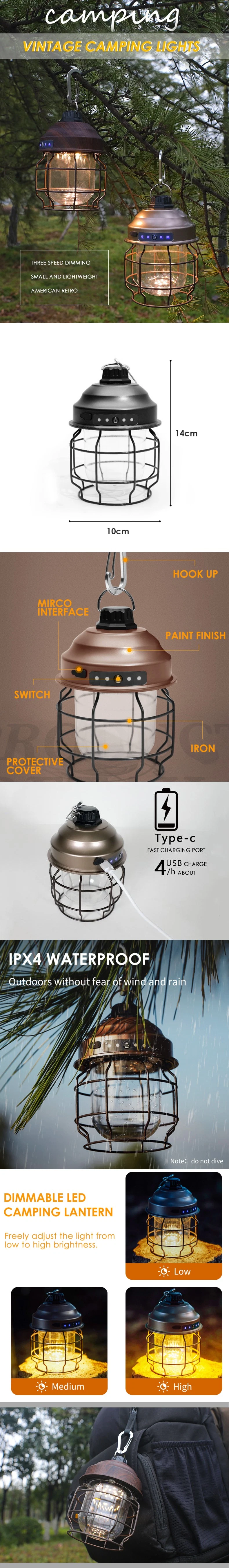 Type-C Rechargeable Waterproof Retro Luxury Atmosphere Dimmable Camping Light