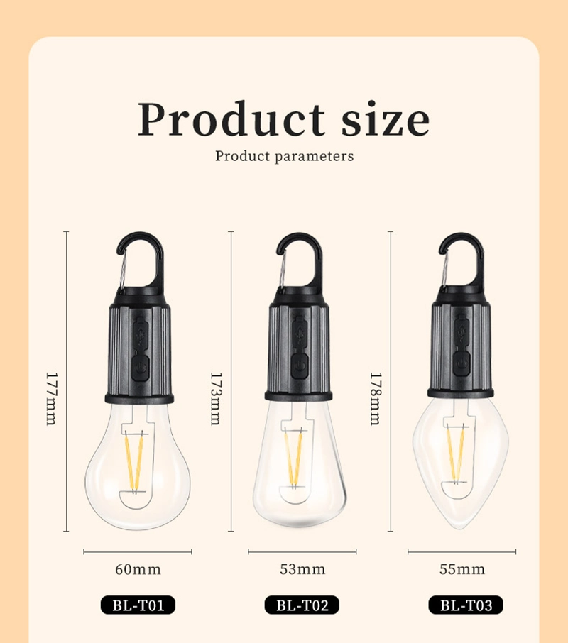 LED Bulb Outdoor Portable Tungsten Lamp Type-C USB Charging Built-in 14500 Battery LED Camping Light