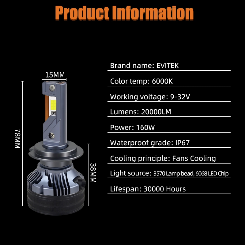 Evitek High Power 160W 20000lm 12V Fan Cooling Q7 H7 LED Headlight