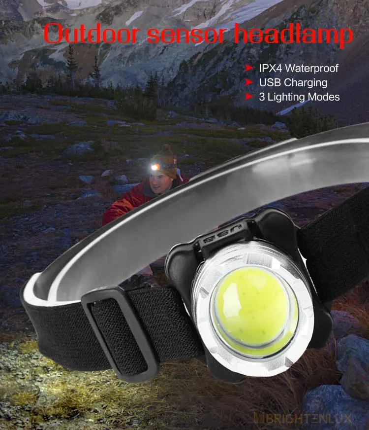 Brightenlux New Style Running Riding High Power Waterproof Head Band Light, Portable USB Rechargeable Small COB LED Hoofdlamp Headlamp