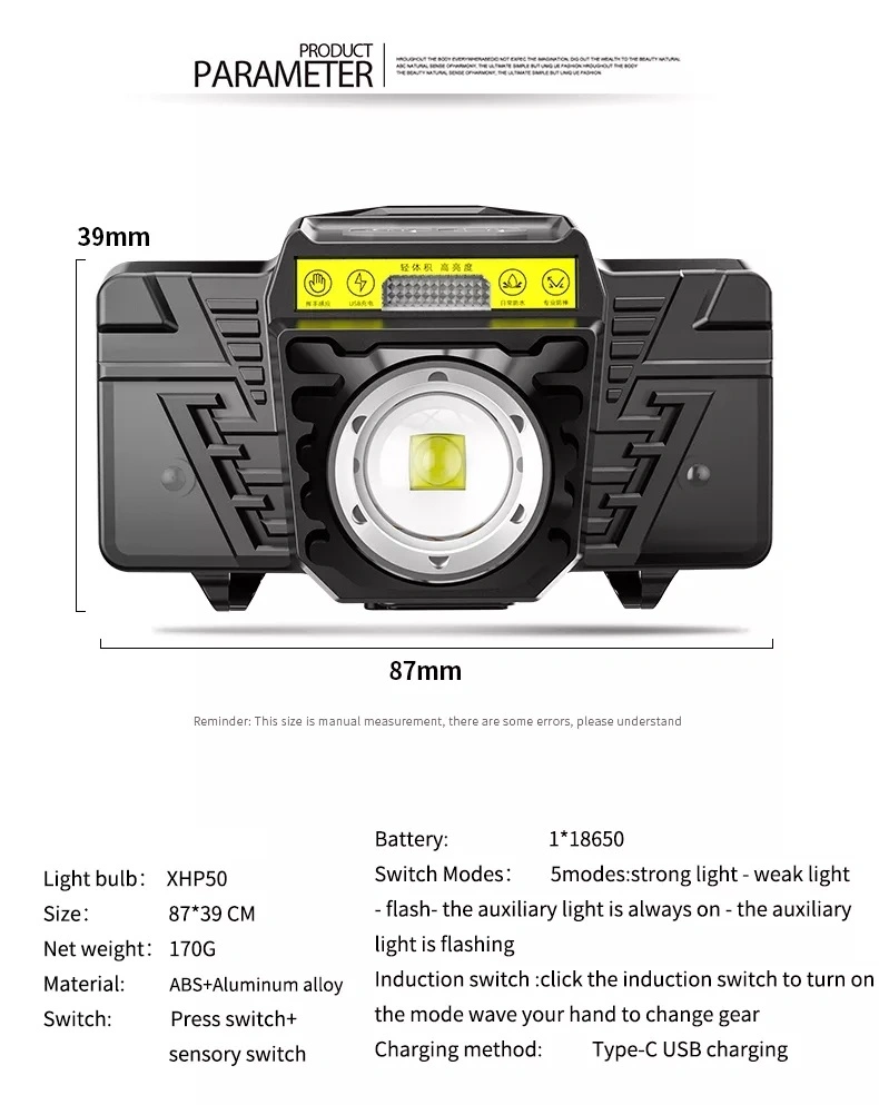 Xhp50 Red LED Zoomable Torch LED Zoom Sensor Headlight 18650 Rechargeable Light Outdoor LED Headlamp