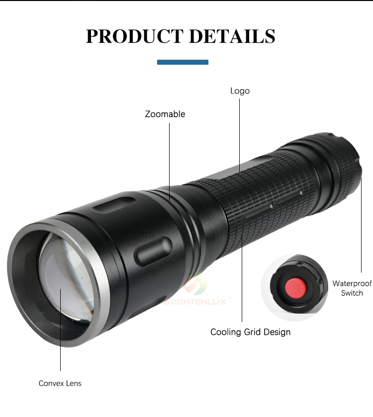 Brightenlux Factory Supply Outdoor Long Range Ipx4 Waterproof Super Power Adjustable LED Torch Light with 5 Modes Torch