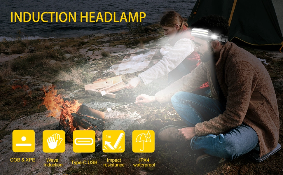 COB Induction Headlight Portable Rechargeable Wide Range Wave Sensor LED Headlamp