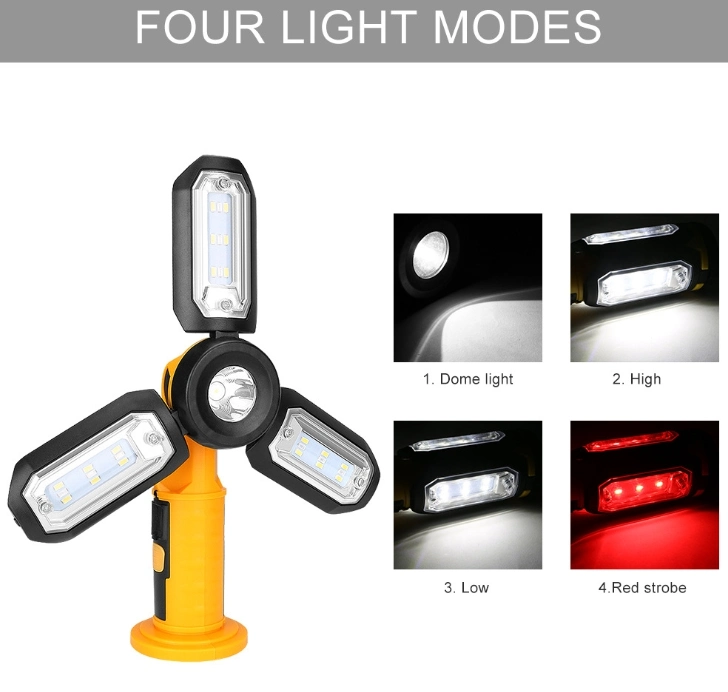 Foldable Rechargeable Yellow Color 10W Work Light with Magnets &amp; Clip, Car Repair, Camping, Job Site, Task Lamp, 18PCS White LEDs, 9PCS Red LEDs