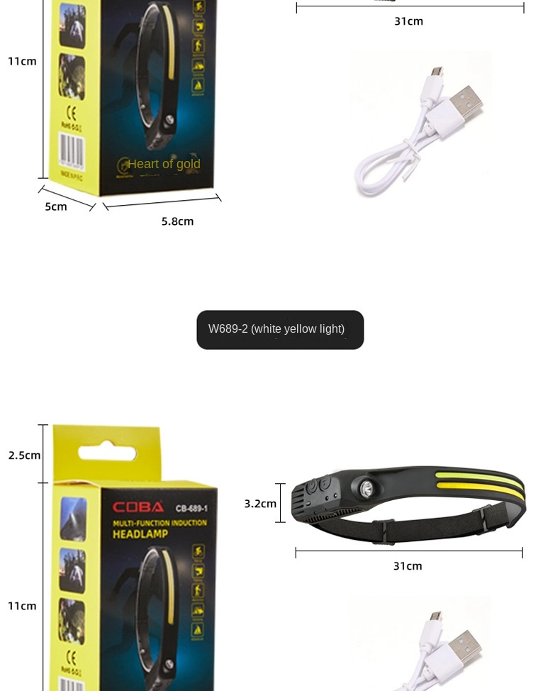Amazon Hot Sell Fishing Bike COB LED Headlamp Sensor Headlight USB Rechargeable Headlamp