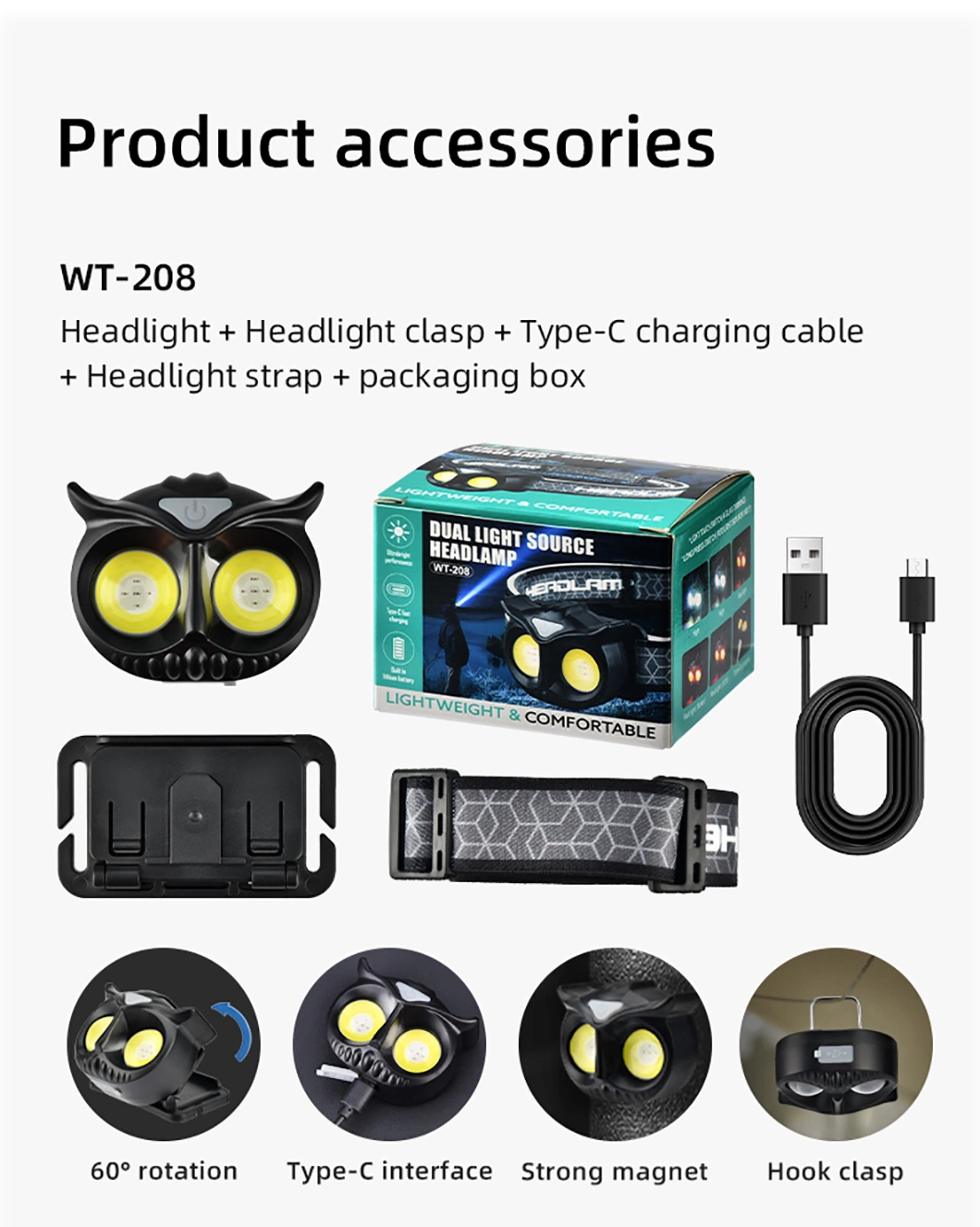 Jp Hot Portable Rotating Hunting Lights Magnet Flashlight Type-C Rechargeable COB LED Headlight Headlamp