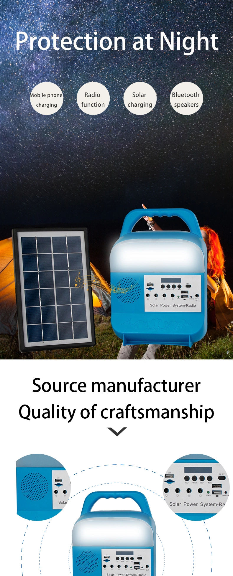 Solar Power System High Quality Rechargeable Portable Solar Emergency Lights with Radio and Bluetooth Speaker Camping Lights