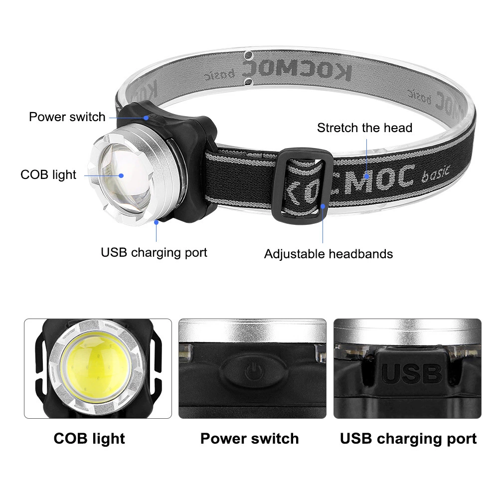 USB Rechargeable Head Flashlight Camping Torch Waterproof Mining Headlamp