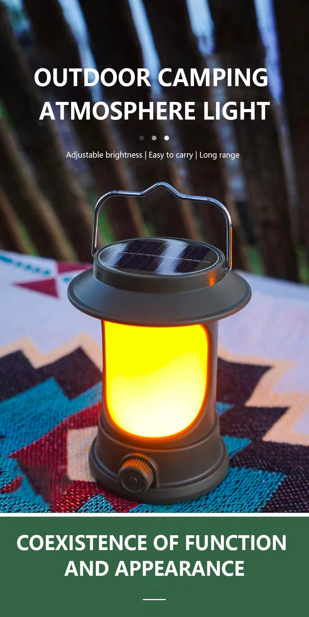 Handheld Camping Lantern Solar Powered Warm Light Tent Lamp Sunlight Charging USB Rechargeable Super Bright LED Emergency Light
