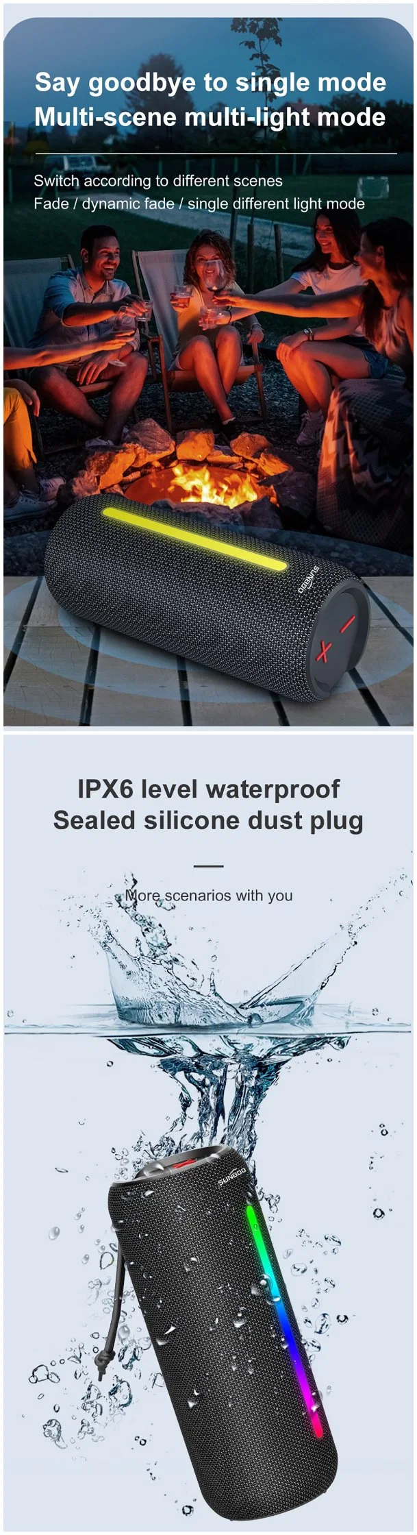 Waterproof Bluetooth Speakers Outdoor Wireless Portable Speaker for Camping Beach Sports with LED Light