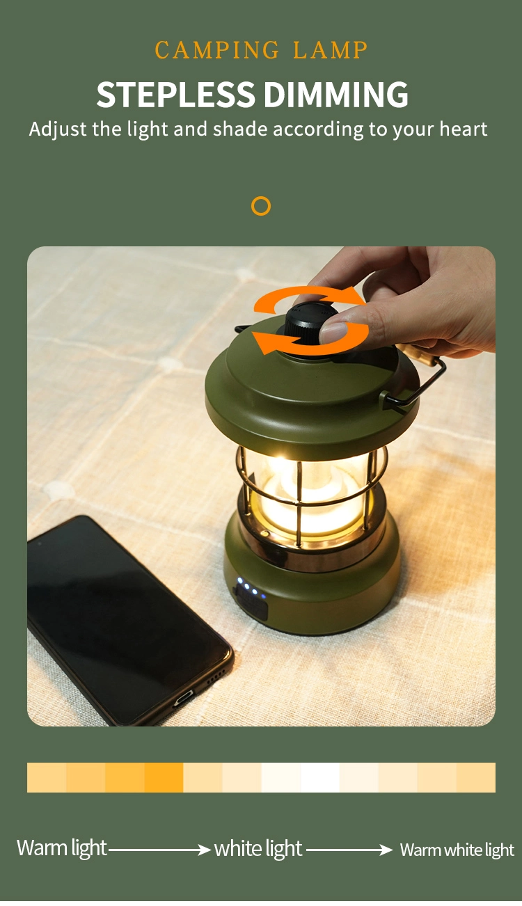 Vintage Camping Lantern LED Stepless Dimming Portable Waterproof Outdoor Tent Light Courtyard