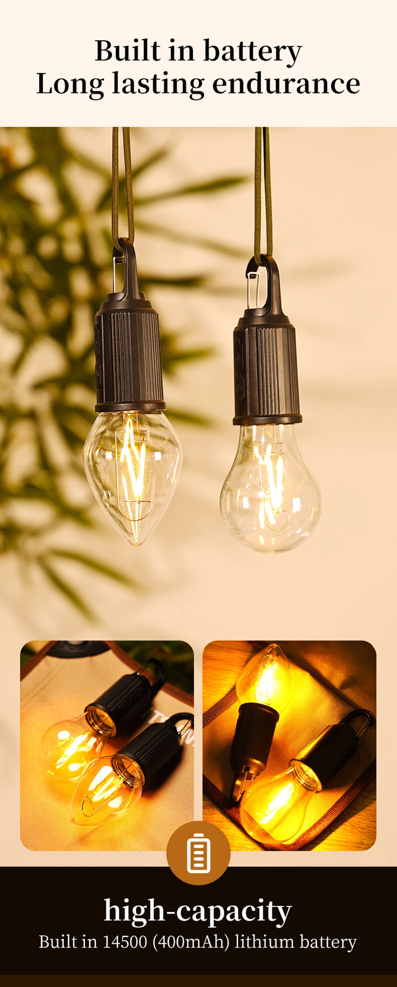 LED Bulb Outdoor Portable Tungsten Lamp Type-C USB Charging Built-in 14500 Battery LED Camping Light