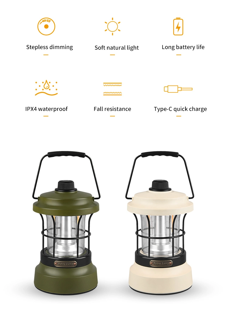 Vintage Camping Lantern LED Stepless Dimming Portable Waterproof Outdoor Tent Light Courtyard