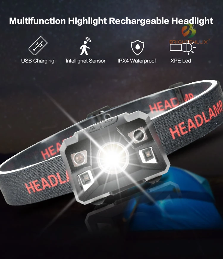 Brightenlux Outdoor Powerful Mountaineering USB Rechargeable IP65 Waterproof Sensor Mini LED Headlamp Torch