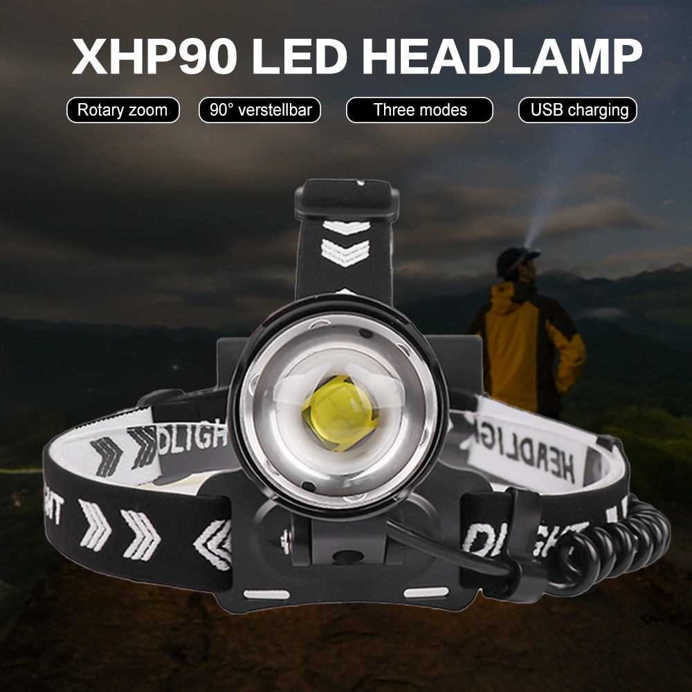 Xhp90 Headlamp Zoom USB Recharger 3-Modes Headlight 3*18650 for Camping Hunting