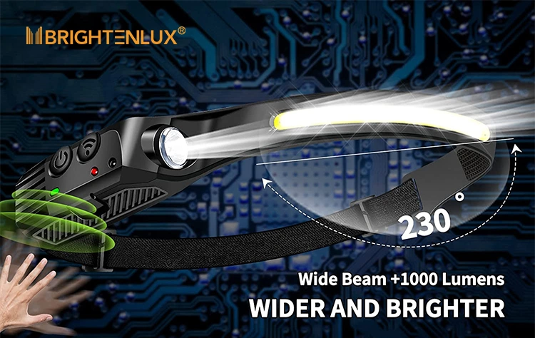 Brightenlux 1000 Lumen Type C USB Rechargeable Waterproof Camping Induction LED COB Sensor Headlamp