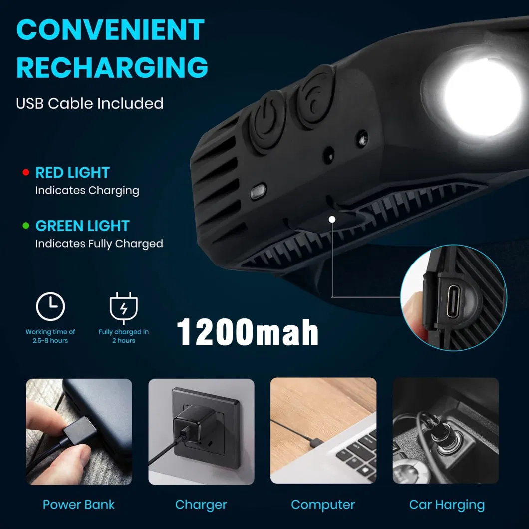 New Hand Wave Induction USB Rechargeable Multifunction LED Head Torch Headlight Headlamp