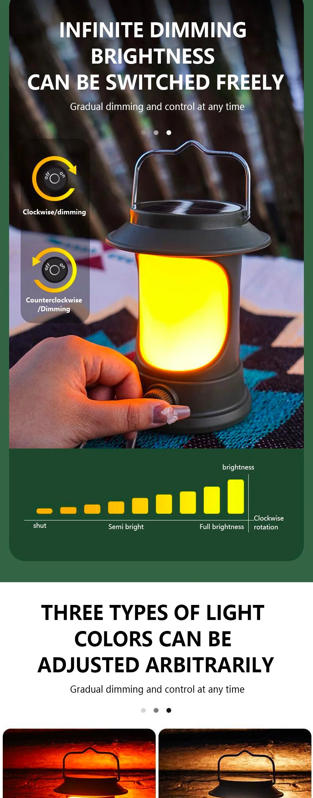 Handheld Camping Lantern Solar Powered Warm Light Tent Lamp Sunlight Charging USB Rechargeable Super Bright LED Emergency Light