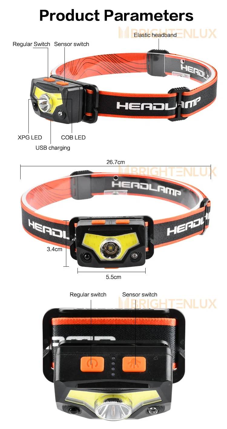 Brightenlux Factory Supply High Bright USB Rechargeable Battery 6 Modes LED Headlamp Tactical with Adjustable Belt