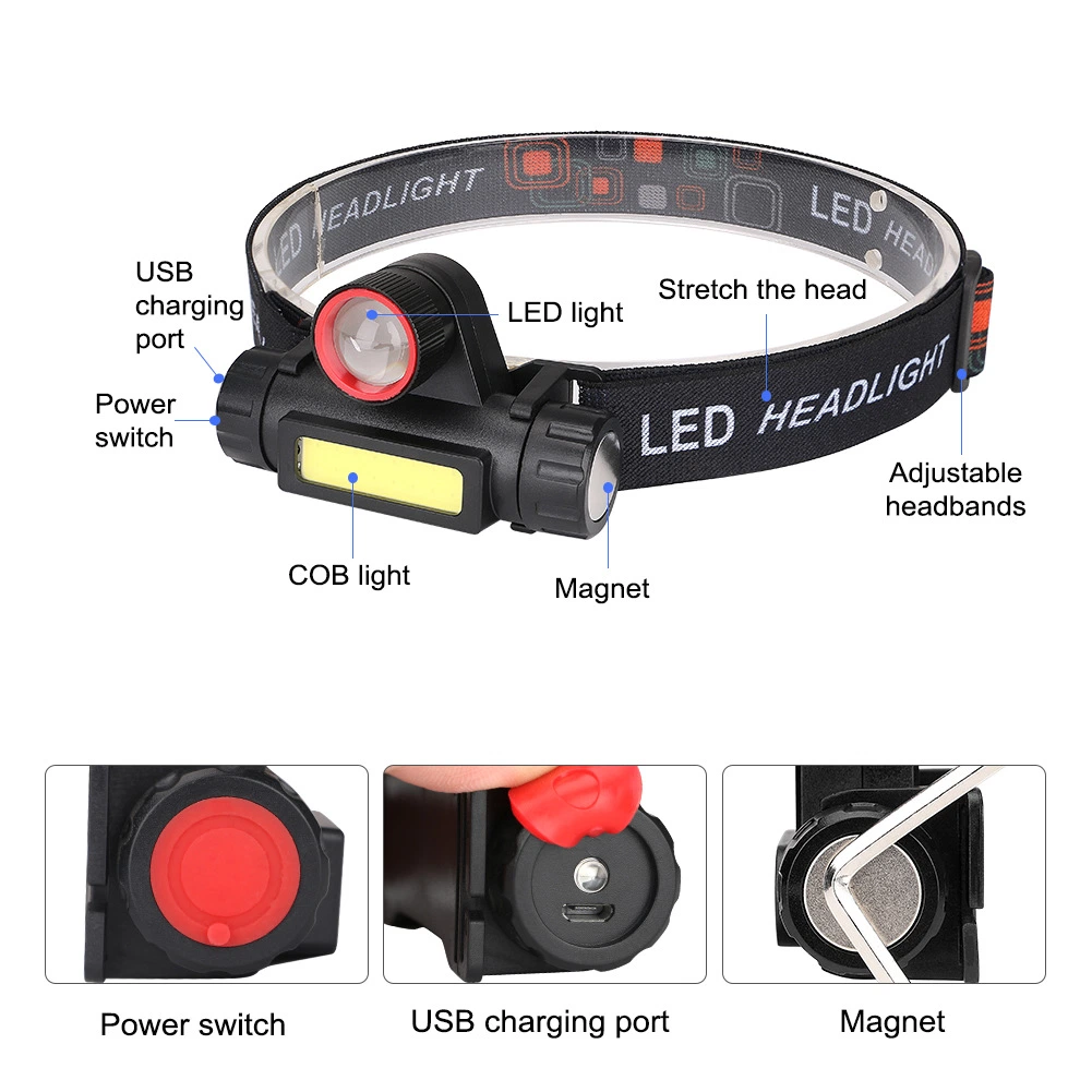 Wholesale Quality Rechargeable Camping Head Torch 90 Degree Rotating LED Headlight Adjustable Emergency Hunting COB LED Headlamp