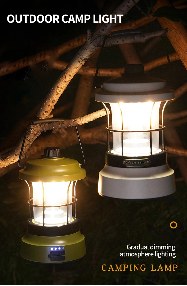 Vintage Camping Lantern LED Stepless Dimming Portable Waterproof Outdoor Tent Light Courtyard