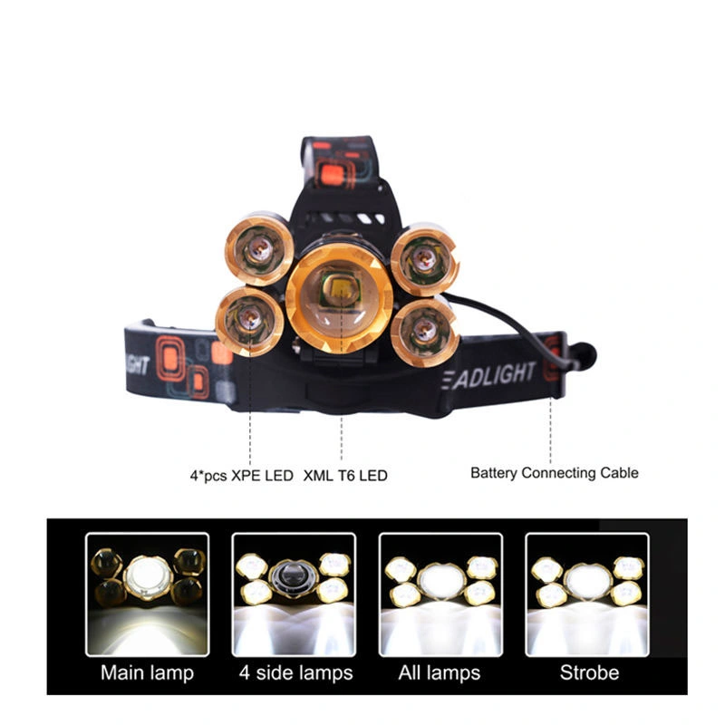 Glodmore2 Super Bright 5 LED Xml T6 1000lumen High Power Zoomable Ipx4 Rechargeable LED Headlamp with 4 Modes Light