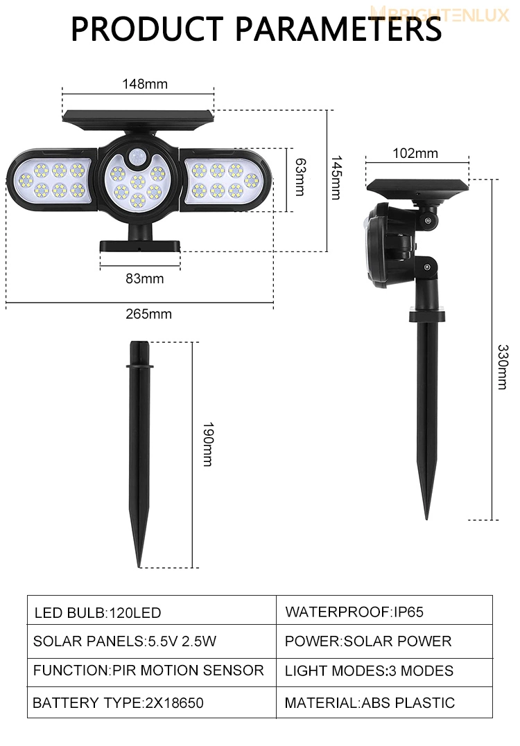 Brightenlux Factory Supply Cheap High Power Solar Energy IP65 Waterproof LED Motion Sensor Solar Garden Light with 3 Modes