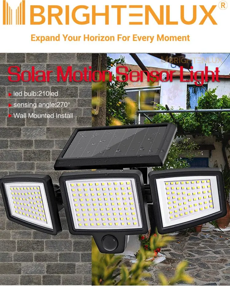 Brightenlux 2022 New Garden Yard 210 LED 270 Angle High Lumens Solar Rechargeable LED Motion Sensor Light Outdoor