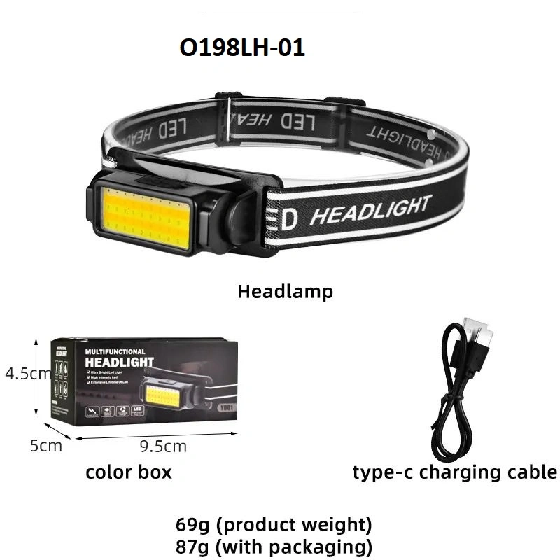 COB LED Light ABS USB Headlamp Press Switch Built-in Battery Waterproof Ipx4 Fishing Headlight 350lumens 5 Modes Headlamp