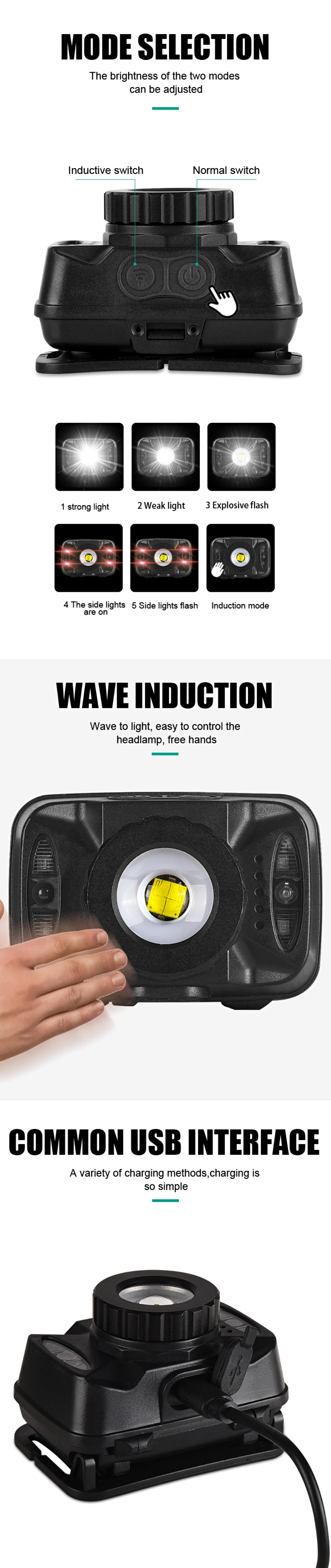 USB Rechargeable Waterproof Outdoor Handfree Wave Sensor LED Headlamp