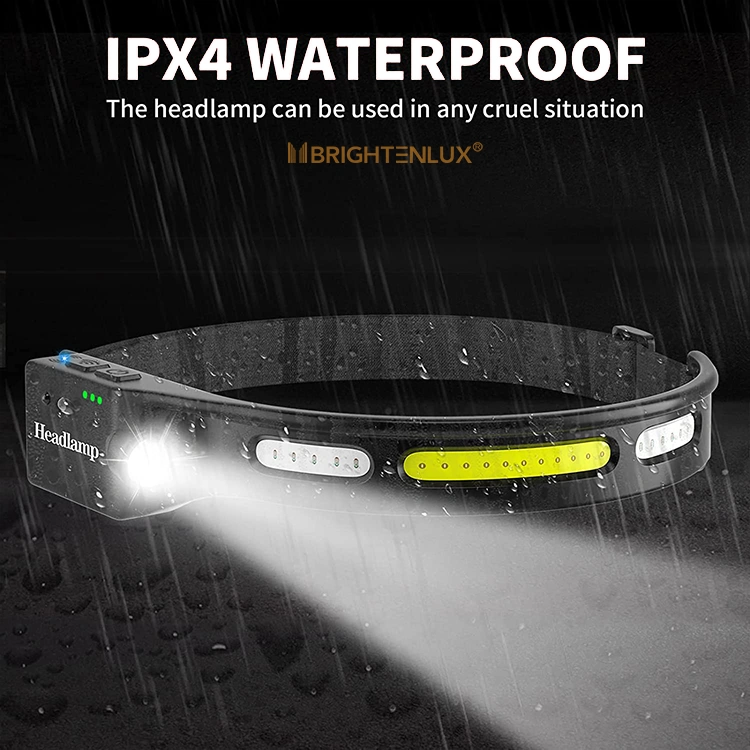 Brightenlux High Lumen Sensor Induction Waterproof Lightweight Running Wide Beam COB LED Headlamp Rechargeable
