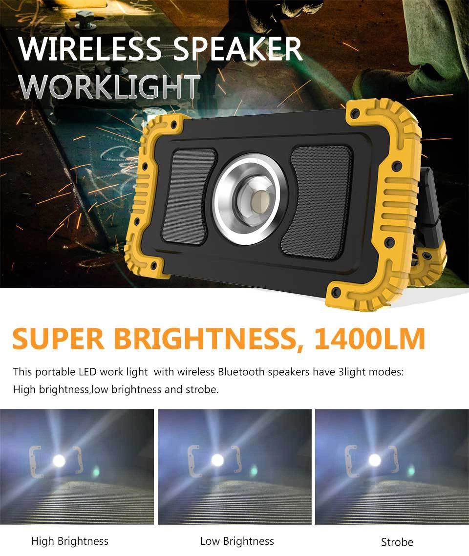 20W COB LED Emergency Car Inspection Work Light with Bluetooth Speaker Outdoor Camping Flood LED Lighting Rotating Handle 1400 Lumen Work Spot Lamp