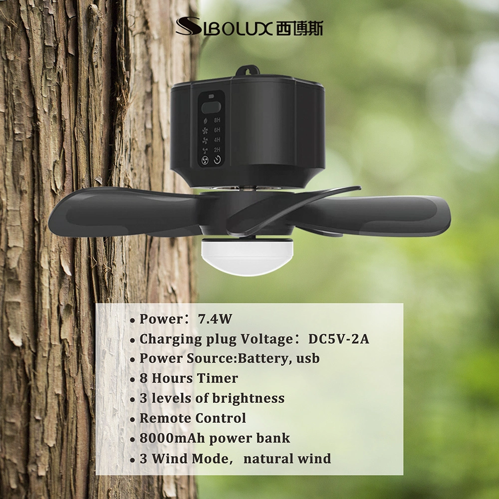 Outdoor Lighting Ceiling Fan Low Noise Remote Control 8 Hours Timer Rechargeable USB Ceiling Fan for Camping Tent