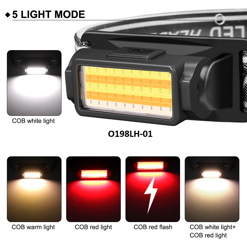 COB LED Light ABS USB Headlamp Press Switch Built-in Battery Waterproof Ipx4 Fishing Headlight 350lumens 5 Modes Headlamp