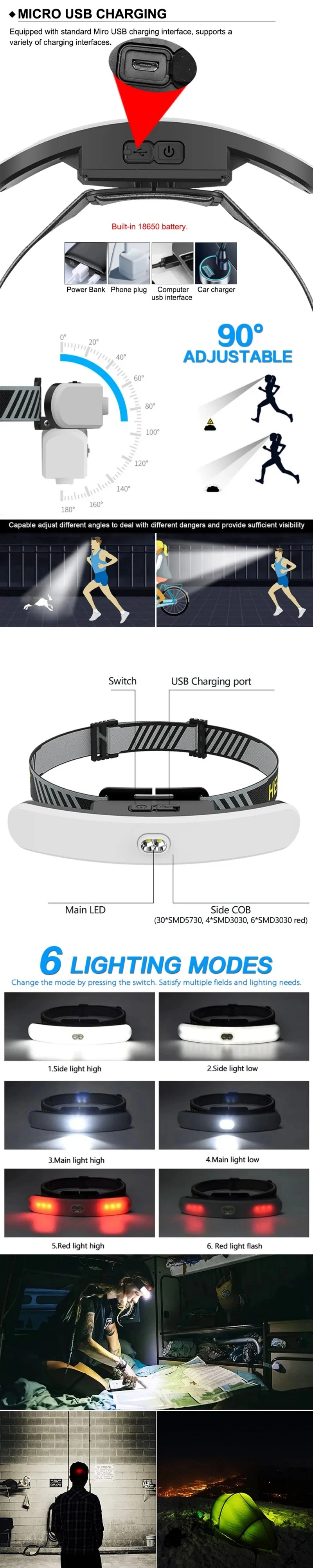 USB Rechargeable Induction LED Headlamp Fishing Head Light Lamp Lantern