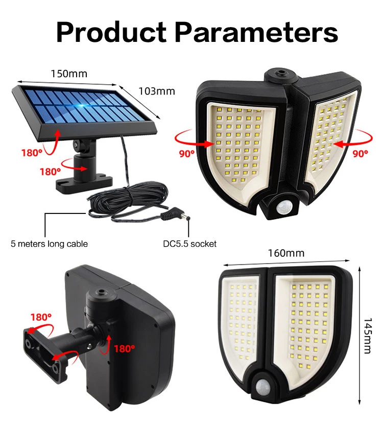 Brightenlux CE RoHS IP65 Waterproof 90 COB LED Highlight High Power Multi-Angle Adjustment Solar Sensor Split Wall Light